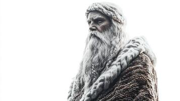 Scandinavian god Forseti stands with a solemn expression embodying justice and fairness. Clad in traditional attire his long beard and intricate details reflect his divine nature. photo