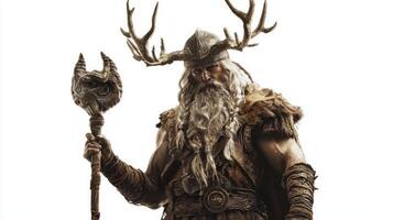 Forseti the Scandinavian god associated with justice stands confidently wielding a powerful staff adorned with symbols of authority showcasing his regal presence. photo