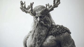 Frig the Scandinavian god showcasing his strong presence with antlers and a long beard embodying strength and nature in a minimalist setting. photo