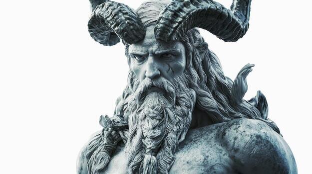 Frig the Scandinavian goddess is depicted with majestic horns and a detailed beard showcasing her powerful essence in a striking composition against a white background. photo