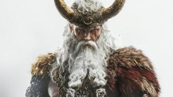 depiction features the Scandinavian god Frig adorned with a horned helmet and fur garments capturing his powerful and majestic presence against a stark white backdrop. photo