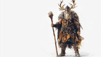 Frig prominent Scandinavian god stands proudly with staff showcasing his detailed armor and antlers against plain white background embodying strength and tradition. photo