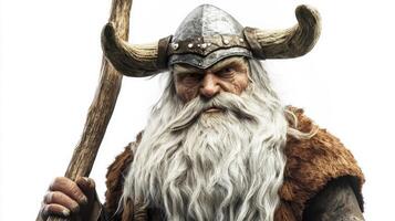 Scandinavian god Frig is depicted with a powerful presence showcasing a detailed costume that includes a horned helmet and a staff surrounded by a minimalistic white backdrop. photo