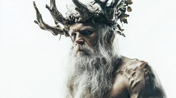 depiction of Frig showcases the Scandinavian god of fertility and love highlighting his majestic antlers and wise expression in a serene setting. photo