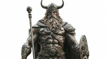 Frig the Scandinavian god stands confidently with a spear and shield embodying power and valor in a striking display of ancient mythology. photo