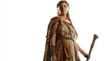 Frigg exudes strength and grace as she holds a staff adorned in attire that reflects her divine heritage. The lighting accentuates her regal demeanor and features. photo