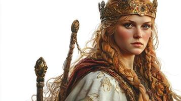 Frigg the Scandinavian goddess stands confidently with a regal presence. Her golden hair cascades down while she holds a staff representing her role as a powerful deity in mythology. photo
