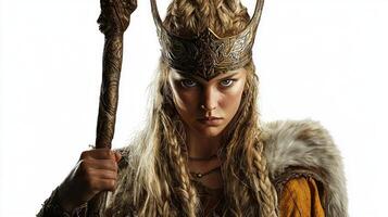 powerful goddess Frigg stands with fierce expression adorned in regal gold attire and crown holding a staff that symbolizes her authority in Scandinavian mythology. photo