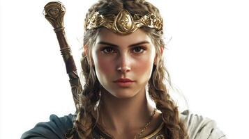 Frigg the Scandinavian goddess presents a powerful image with her intricate braid and regal attire. She holds a staff embodying strength and wisdom. photo