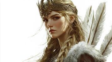 depiction showcases Frigg the revered Scandinavian goddess adorned with a crown and feathers exuding an air of majesty and strength against a stark background. photo