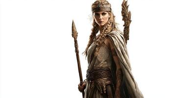 Frigg a revered Scandinavian goddess embodies strength and grace with her detailed armor and spear. The portrayal emphasizes her divine nature in a striking isolation. photo