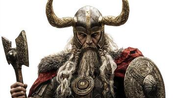 Heimdall the Nordic god known for his keen senses equipped with an axe and shield. His imposing presence highlights Viking mythologys essence and significance. photo