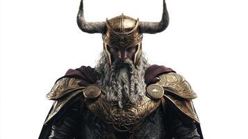 Heimdall a prominent figure in Scandinavian mythology dons ornate armor and a horned helmet radiating strength and vigilance amidst a stark white backdrop. photo