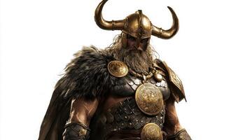 Heimdall the guardian of the rainbow bridge is depicted in striking detail showcasing his elaborate armor and fierce demeanor embodying Scandinavian mythology. photo
