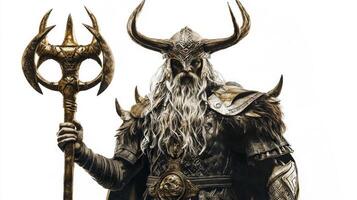 Heimdall the watchful Scandinavian god stands confidently holding a golden staff clad in intricate armor that reflects his divine heritage and strength. photo