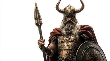 Heimdall the guardian of the Bifrost Bridge stands proudly with his golden armor spear and shield embodying the essence of Scandinavian mythology. photo
