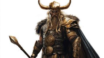 Depicted in realistic detail Heimdall the Scandinavian god wears ornate golden armor and a horned helmet exuding strength and vigilance in a striking pose. photo
