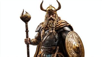 Heimdall the guardian of the Bifrost is depicted in this striking representation showcasing his readiness with armor horn and shield against a stark background. photo