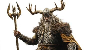 Heimdall the Norse god renowned for his keen senses and role as the watcher of the Bifrost. He stands tall adorned in intricate armor exuding strength and majesty. photo