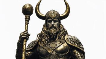 Heimdall stands confidently adorned in intricate armor with a majestic horned helmet and staff. His fierce expression captures the essence of a powerful Scandinavian deity. photo
