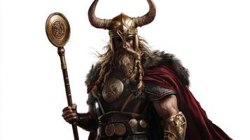 Heimdall the vigilant Scandinavian god is depicted with a gold horn and ornate armor embodying strength and watchfulness in a realistic setting. photo