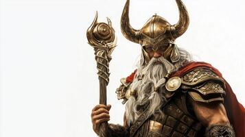 Heimdall the watchful guardian of the Bifrost bridge is depicted with his ornate armor imposing staff and distinctive horn embodying mythological power and wisdom. photo