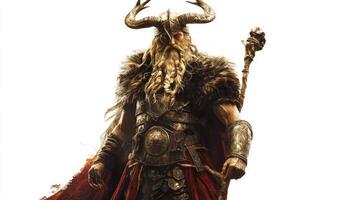 Heimdall the watchful god of the Norse myths is depicted with majestic horns and armor portraying strength and vigilance against a plain backdrop. photo