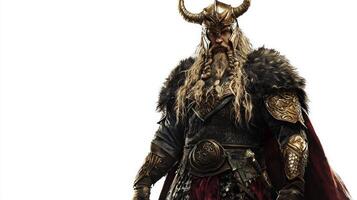 With striking golden armor and majestic horns Heimdall embodies the power of Scandinavian mythology captured in a lifelike representation against a plain background. photo