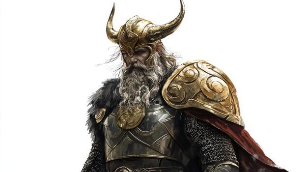 Heimdall a significant figure from Scandinavian mythology stands confidently adorned in intricate armor and a horned helmet embodying strength and vigilance. photo