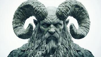 Scandinavian god Hel portrayed with intricate details showcasing his powerful presence through striking features and textured horns conveying an aura of mythology and strength. photo
