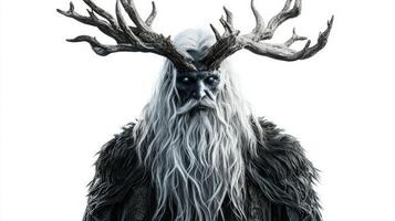 Hel Scandinavian god underworld is depicted with majestic presence featuring a long white beard dark attire and impressive antlers evoking sense of mystery and power. photo