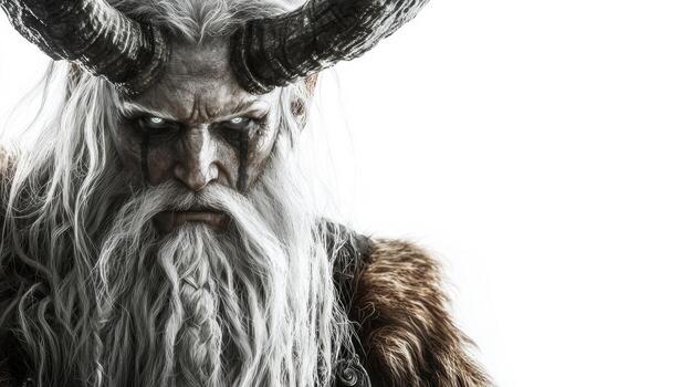 Scandinavian god Hel depicted with fierce expression long white hair and prominent horns creating an imposing and mythical presence on a bright background. photo