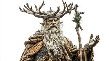 Hodr the blind Scandinavian god is portrayed with a majestic presence featuring detailed antlers and holding a staff set against a white backdrop. The character embodies strength and mystery. photo