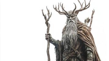 Hodr the Scandinavian god is depicted with majestic antlers a staff and traditional attire. His expression reflects the mystique of ancient mythology. photo