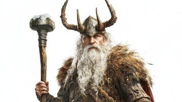 Hodr the Scandinavian deity associated with darkness and winter grips his staff with a powerful presence showcasing his detailed armor and majestic horns. photo