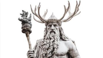 striking figure Hodr the Scandinavian god associated with winter and darkness features impressive antlers and a detailed staff emitting an aura of strength and mystique. photo