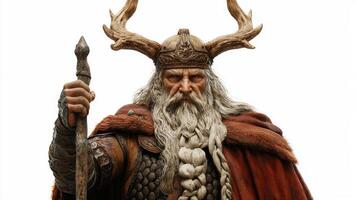image depicts the Scandinavian god Hodr characterized by powerful presence elaborate armor and commanding horns standing with a staff on a stark white background. photo