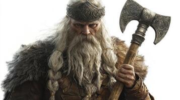 striking representation of Hodr the blind Scandinavian god showcasing his fierce expression and powerful stance with an intricately carved axe. photo