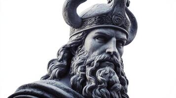 The Scandinavian god Hodr is depicted with striking detail showcasing his majestic features and intricate horned helmet emphasizing his mythical role and legacy. photo