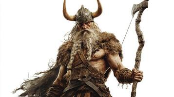 This depiction of Hodr captures the Scandinavian god in a powerful stance wearing fierce armor and holding a staff. The intense expression shows his readiness for battle. photo