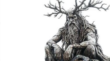 Hodr the Scandinavian god of darkness is depicted with antlers and natural elements showcasing a blend of myth and realism in a serene setting. photo