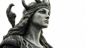 Idunn the Scandinavian goddess renowned for her role in maintaining youth is portrayed in a striking realistic style emphasizing her serene expression and regal attire. photo
