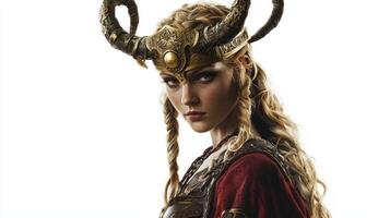 Idunn the Norse goddess of youth and spring wearing her iconic golden headdress. Her serious gaze evokes a powerful presence emphasizing her importance in mythology. photo