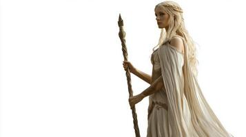 majestic figure of Idunn the goddess of youth showcases her ethereal beauty while holding a staff. This depiction captures her essence within Nordic mythology effortlessly. photo