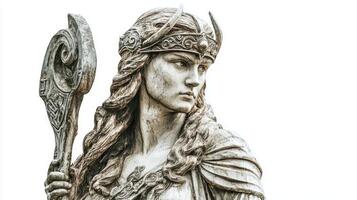 Idunn the Scandinavian goddess is depicted with intricate detailing holding a staff embodying youth and vitality with a striking expression against a white backdrop. photo