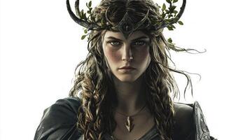 Idunn stands confidently adorned with a leafy crown and intricate attire symbolizing fertility and renewal in Scandinavian mythology. Her strong presence emanates power and beauty. photo