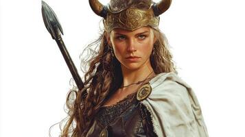 Idunn the goddess of youth in Scandinavian mythology is portrayed with detailed features wearing a crown and holding a spear embodying strength and beauty. photo
