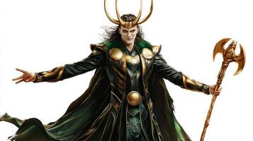 Loki the trickster god from Scandinavian mythology is portrayed in realistic detail with elaborate attire and accessories emphasizing his divine yet mischievous nature. photo