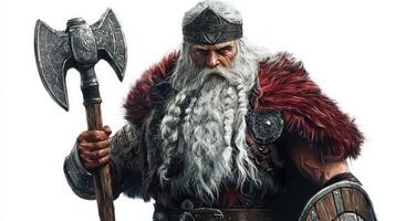 Magni the son of Thor is portrayed with a powerful aura. His detailed attire and weapons highlight his divine heritage capturing the essence of Scandinavian mythology. photo