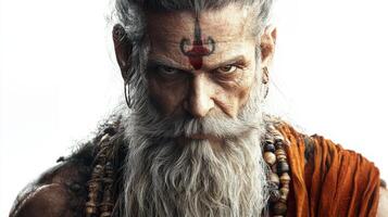 depiction showcases the indian god Shiva Purana characterized by his long beard and fierce appearance set in a stark white background emphasizing his divine qualities. photo